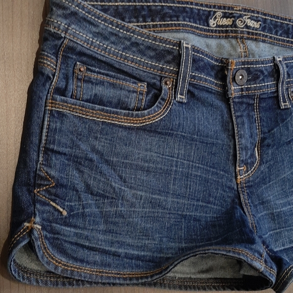 GUESS Y2k Denim Mini Shorts Dolphin Hem Embroidered Logo - Picture 4 of 10
